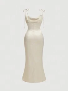 SHEIN MOD Đầm dài cổ bẻ họa tiết sơn dầu ôm eo - Màu be - Xem 2