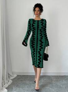 Elenzga 女士优雅提花针织紧身连衣裙 - 墨綠色 - 查看 3