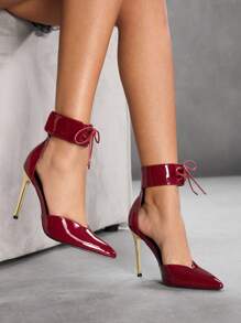 CUCCOO SZL Pointed Toe Lace-Up Stiletto High Heel Ladies Pumps New Year Holiday Valentines - Burgundy - View 3
