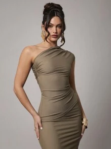 Silquee 女士纯色高端灰棕色针织面料，斜肩褶皱修身不对称下摆设计，时尚优雅约会夜吊带背心，浪漫情人节女士吊带背心，日常穿着 - 灰色 - 查看 6