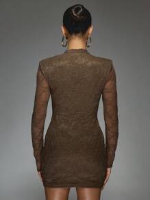 MISSGUIDED Lace Cut Out Mini Dress Long Sleeve Body Contour High Neck Elegant Slim Fit Holiday Evening Winter Fall Party Night Out - Brown - View 2