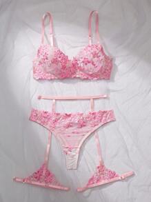 3-Piece Women's Sexy Light Purple Lingerie Set For Going Out - Pink - View 4