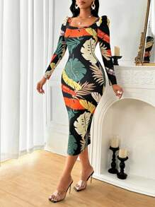 SHEIN Lady Spring Summer Vacation Casual Daily Commuter Elegant Dresses For Women Party Birthday Outfits For Women Vacation Style Full Print Pattern Women's Square Neck Long Sleeve Printed Casual Dress