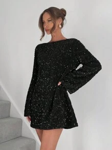 SHEIN Essnce Vestido miniminimalista casual de manga larga con decoración de lentejuelas para mujer