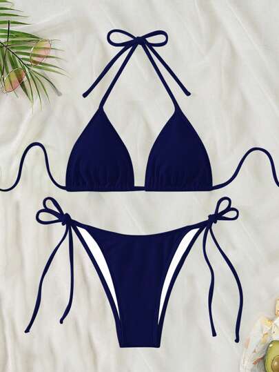 SHEIN Swim 2026 Spring/Summer Navy Blue Special Fabric Women's Swimsuit, Spaghetti Strap Halter Solid Color Sexy Side Tie Thong Bikini Two-Piece Swimwear