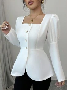 Elenzga 新款優雅短版上衣，修身剪裁，泡泡袖，白色，適合約會、度假、情人節秋季女裝 - 白色 - 查看 7
