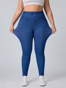 Flexra Plus Size Casual Washed Simple Slim Stretchy Knit Tapered Leg Jeans - Dark Wash - View 5