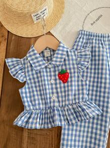 SHEIN LMoss Kids Baby Girl LMoss Cute Plaid Cap Sleeve Top And Pants Set, Summer