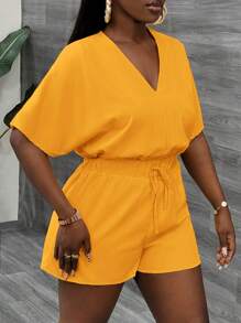 Slaydiva Casual V Neck Bat Sleeve Short Sleeve Shorts Yellow Women's Jumpsuit-C - Yellow - View 7