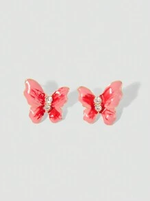SHEIN MOD Brincos de Botão com Formato de Borboleta Vermelha e Rosa, Adequados para Uso Diário