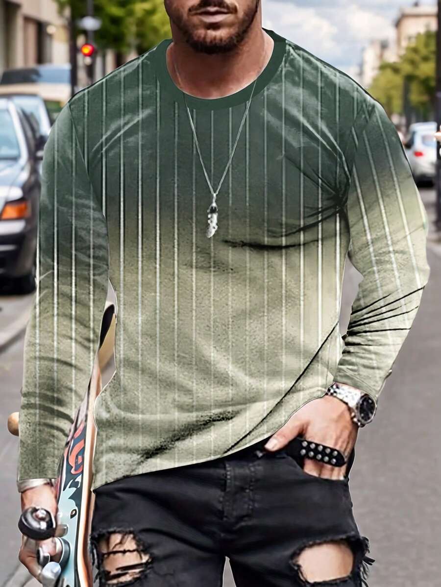 Manfinity LEGND Camiseta casual masculina listrada com decote redondo e manga comprida