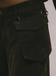 MUSERA 天鹅绒牛仔布环扣口袋细节牛仔裤，90年代Y2K街头风，甜美演唱会春夏款 - 軍綠色 - 查看 5