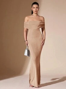 SHEIN BAE Váy tốt nghiệp bó sát hở vai màu trơn gợi cảm thanh lịch đuôi cá hở lưng cho nữ - Màu be - Xem 3