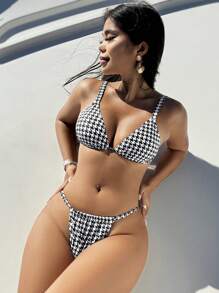 SHEIN Swim Swim Summer Beach Vacation Outfits Woman Houndstooth Bikini Sets - Black and White - View 1