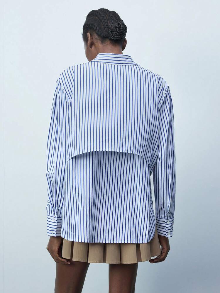 SHEIN Maija Women's Early Spring Blue Stripe Casual & Commuter Versatile Letter Stripe Long Sleeve Single-Breasted 2 In 1 Casual Shirt Top Festival