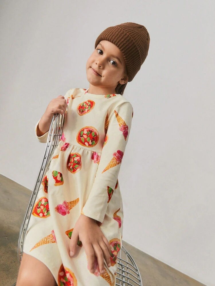 Young Girl Loose Casual Round Neck Patterned Long Sleeve Dress
