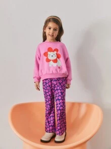 Maija Kids Maija Kids 2 件套年轻女孩休闲花卉和狮子图案圆领运动衫和运动裤套装 - 玫紅色 - 查看 2