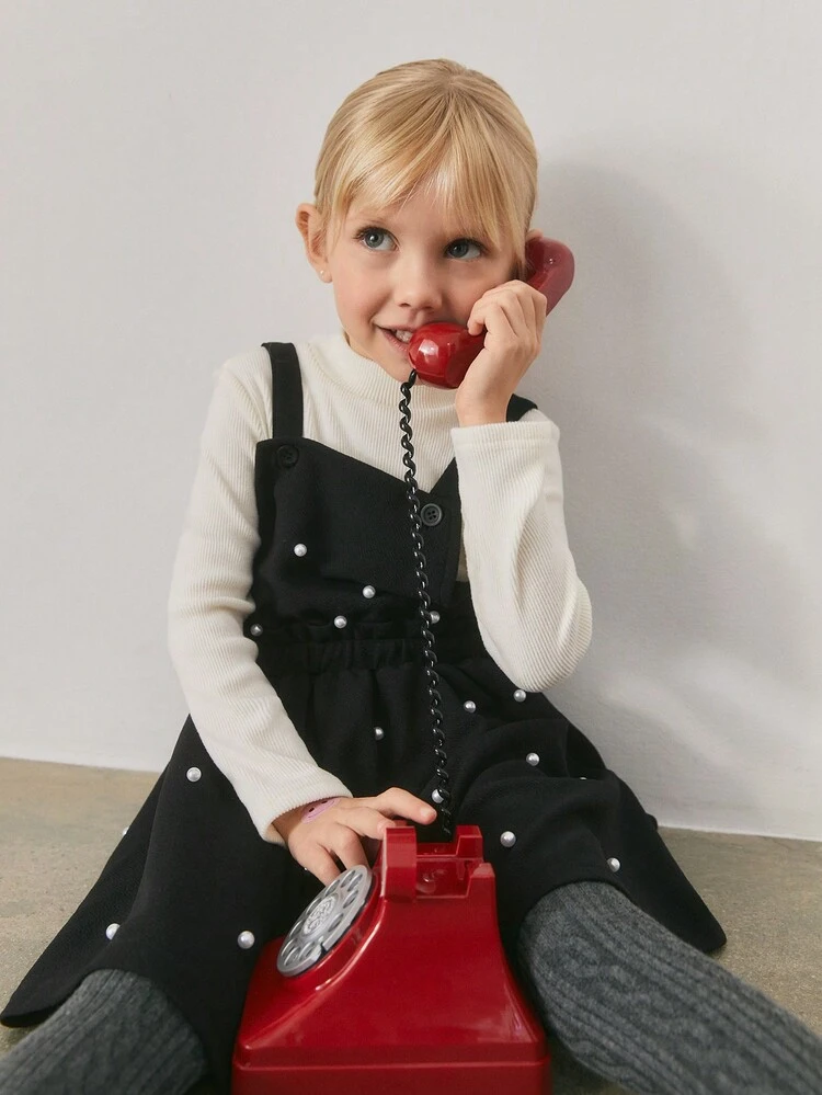 2pcs/Set Girls High Neck Long Sleeve T-Shirt And Bib Skirt, Casual Style