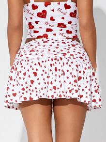 SHEIN SXY 女士心形印花褶皱迷你裙，时尚，心形，波尔卡圆点，情人节 - 白色 - 查看 3