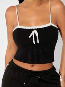 SHEIN SXY Autumn/Winter Comfy Cute Contrast Bow Camisole Knit Top - Black and White - View 3