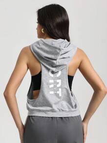 SHEIN Sports Women Letter Print Sleeveless Casual Hooded Sweatshirt For Dance & Fitness - Light Grey - View 5