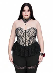 Flirla Atasan Tube Bodycon Ukuran Plus Gaya Goth Punk untuk Pesta, Ukuran Plus, dengan Hiasan Renda dan Ruffle - Hitam - View 4