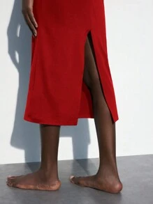 Maija Women's Solid Color Round Neck Long Sleeve Ruched Cutout Slim Fit Mid-Length Dress - Red - View 8