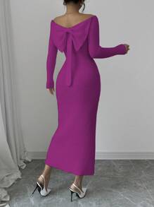 Elenzga Women's Solid Color Minimalist Casual Off Shoulder Bowknot Back Sweater Dress - Red Violet - View 3