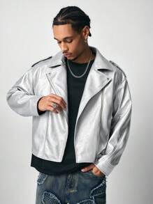 ROMWE MEN Street Life Men's Silver Fabric Casual Simple Leather Jacket With Front Buttons, Suitable For Autumn/Winter - Silver - View 6