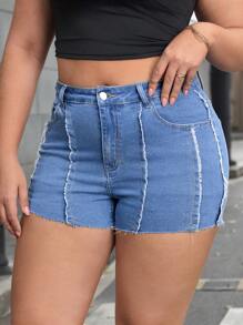SHEIN Essnce Plus Size Women Pocket Fringe Hem Casual Versatile Denim Shorts - Blue - View 1