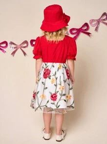 Vestido de princesa para niñas elegante con bordado floral de malla, decorado con bordados exquisitos de rosas y flores amarillas, combinado con Top roja y sombrero balde a juego con moño, que presenta un ambiente gracioso y vibrante, adecuado para Año Nuevo, uso diario y fotografía - Rojo - Ver 2