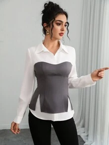 Calvaya Women's Elegant & Stylish Commuting Casual 2 In 1 Long Sleeve Color Block Shirt, For Spring, Autumn & Winter