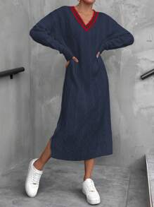 EURMUSE V-Neck Black Trim Contrast Design Cable Knit Pattern Dress For Women - Navy Blue - View 5