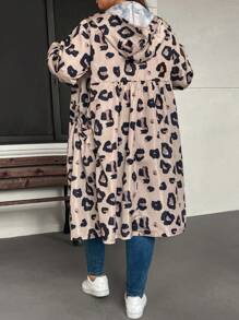 SHEIN LUNE Plus Size Women Leopard Print Long Sleeve Hooded Drawstring Pockets Long Casual Coat ,Autumn New Years Women Leopard Print Coat For Women - Multicolor - View 2