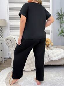 Sexy Lace Splicing Casual Women Loose Comfy V-Neck Home Pajamas Set - Black - View 2