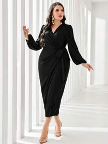 SHEIN PETITE CURVE 加大灯笼袖结饰侧裹身连衣裙 - 黑色 - 查看 6