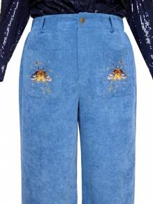 ROMWE Plus Size Hippie Style Pockets Embroidered Loose Wide Leg Casual Pants - Navy Blue - View 3