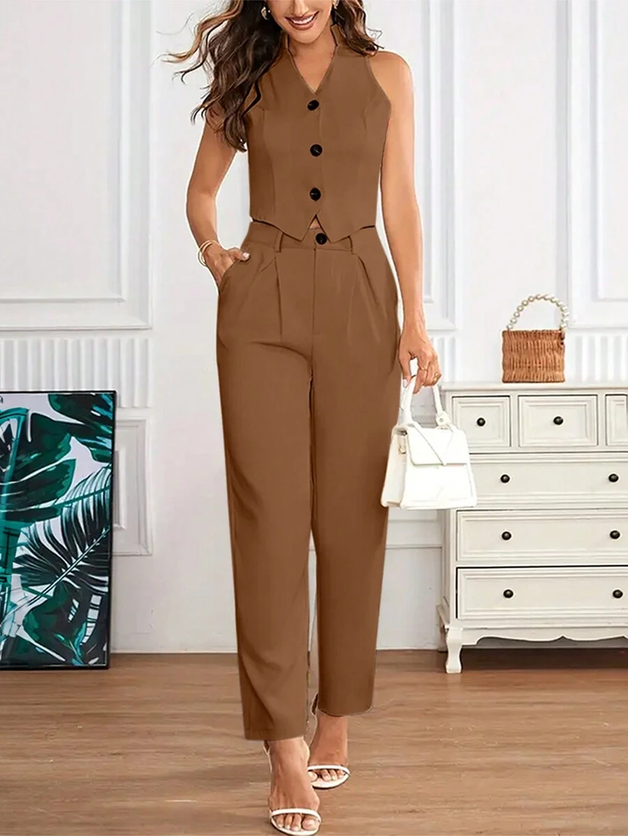 Chiquease Conjunto de dos piezas de chaleco y pantalones de traje informal sin mangas para mujer, conjunto de ropa de otoño casual - Marrón - Ver 1