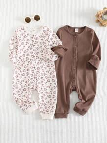 Cozy Pixies 女婴豹纹纯色柔软针织连体衣，舒适居家服，户外运动连体衣，长袖两件套，男女童均适用