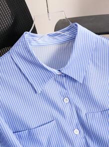 Chiquease Áo sơ mi sọc ngắn có túi cho nữ, áo thời trang - Xanh và trắng - Xem 7