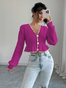 Elenzga Women Solid Color Button Front Long Sleeve Casual Blouse, Daily Wear Fall Cloth For Women - Red Violet - View 7
