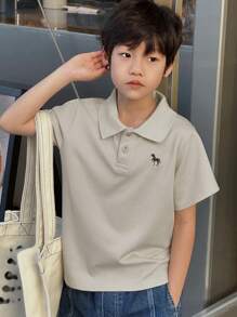 DAZY 青少年男孩正面纽扣短袖简约 T 恤，休闲日常穿着，返校服装 - 杏色 - 查看 3