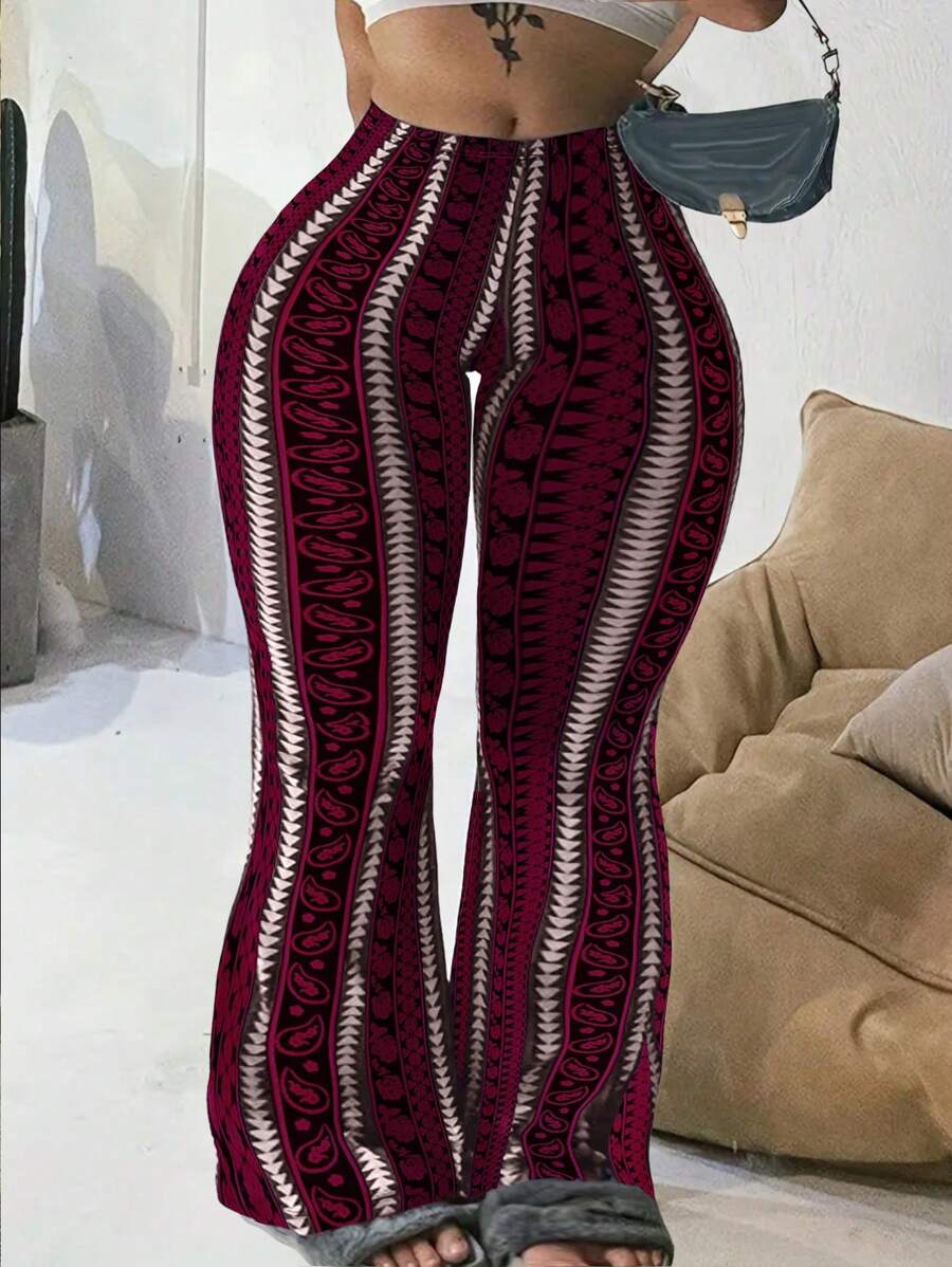 Plus Size Retro Print Slim Flared Leggings - Burgundy - View 1