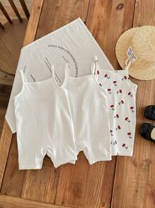 SHEIN LMoss Kids 3pcs/Set Newborn Baby Girl Summer Adorable Cherry Knitted White Jumpsuit Outfit Print - White - View 2