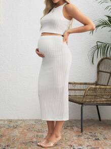 SHEIN Maternity Solid Tank Top & Adjustable Waist Pencil Skirt Set - White - View 3