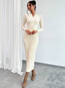 Firerie Women V-Neck Long Sleeve Fitted Solid Color Sweater Dress