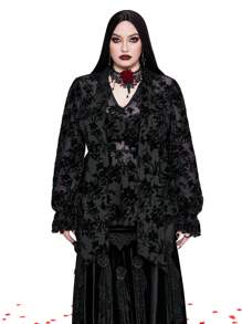 Whyspr Goth Punk Plus Size Women's Flocked Collar Bowknot Cuff Long Sleeve Punk Gothic Retro Elegant Blouse Fall Cloth For Women - Black - View 3