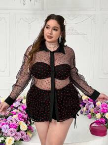 SHEIN MOOSTA 大码女式黑色网眼透视心形浪漫性感衬衫，情人节 - 黑色 - 查看 5