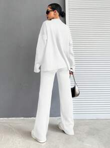 EURMUSE 2pcs Women's Sweater Set, Solid Color Top And Long Pants - White - View 2