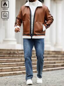 Manfinity Homme Plus Size Men's Casual Contrast Trim Thermal Lined Jacket, Autumn/Winter
